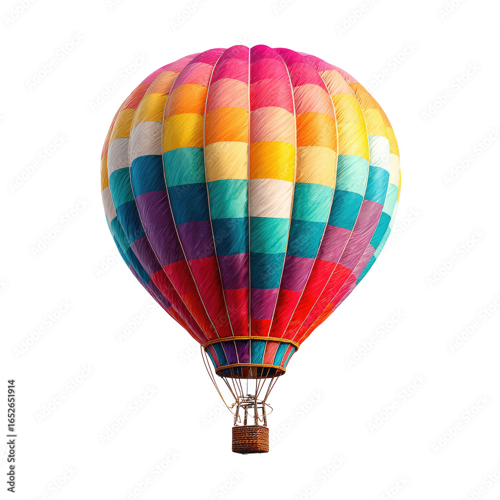 Fototapeta premium Colorful hot air balloon with vibrant rainbow hues, isolated on black background