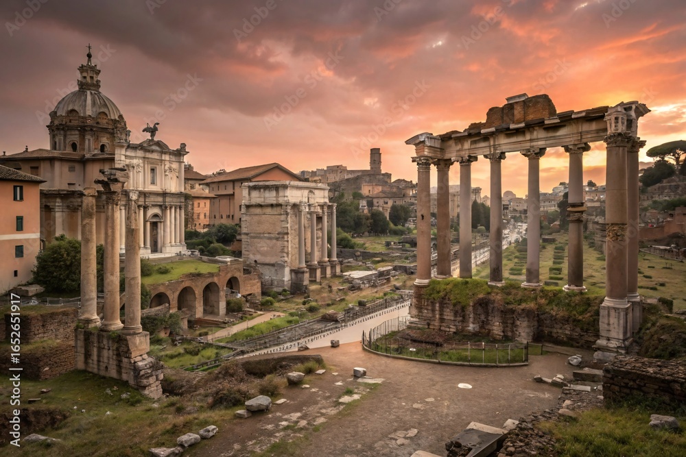 Naklejka premium Ancient Roman Forum at Sunset Historic Ruins and Dramatic Sky