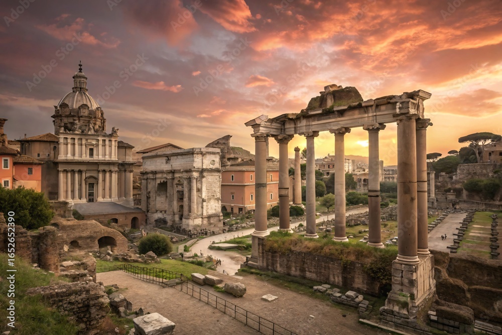 Naklejka premium Ancient Roman Forum at Sunset Historic Ruins and Dramatic Sky