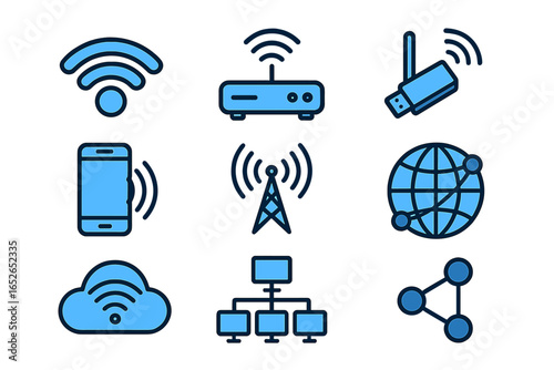 Wireless technology icon set for connectivity and networking. Vector symbols include wifi, internet, router, smartphone, cloud computing, data transfer, and global communication.