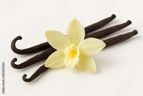 Scented vanilla bean sticks with flowers against a white background