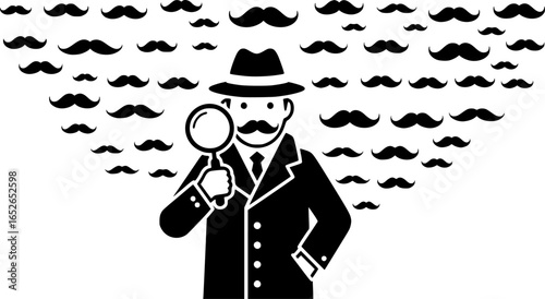 Detective with Mustache and Hat Surrounded by Many Mustaches