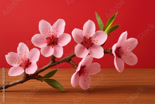 Vivid red background highlighting blooming pink peach flowers