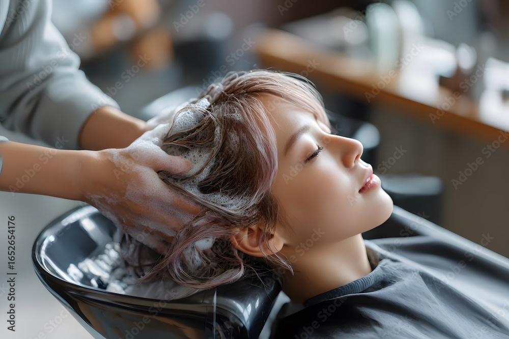 Fototapeta premium A person receives a relaxing hair wash treatment at a salon, with hands gently shampooing the head in a modern basin.