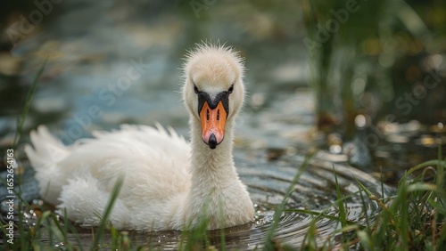 Fototapeta Naklejka Na Ścianę i Meble -  Photo showcasing a young mute swan with a peaceful lake in the background