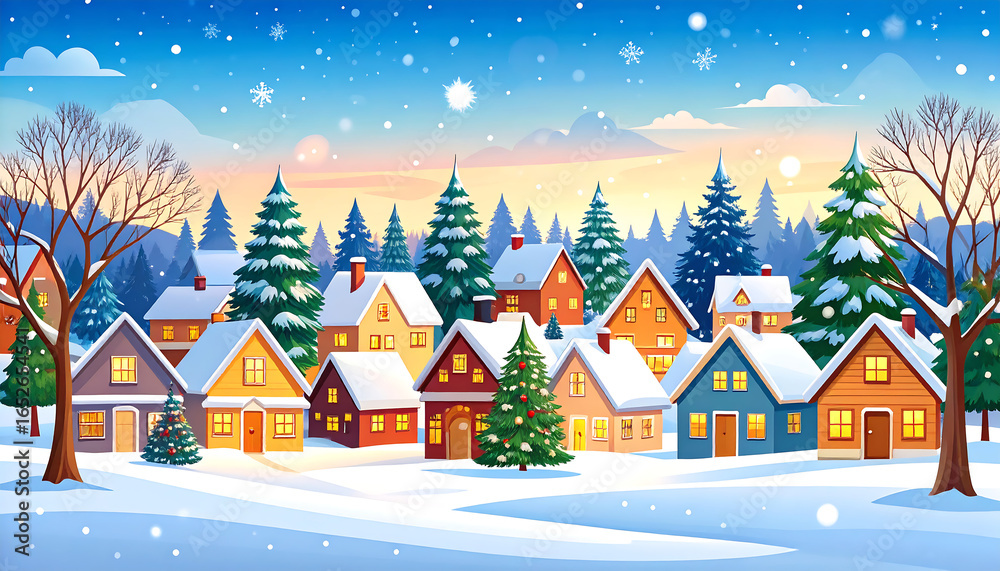 Fototapeta premium Winter Village Scene with Snowfall.