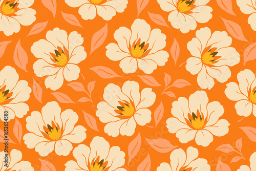 Wallpaper Mural Vibrant seamless floral pattern featuring soft cream blossoms and peach leaves on a bold orange background, perfect for summer fabric, wallpaper, and decorative design. Torontodigital.ca