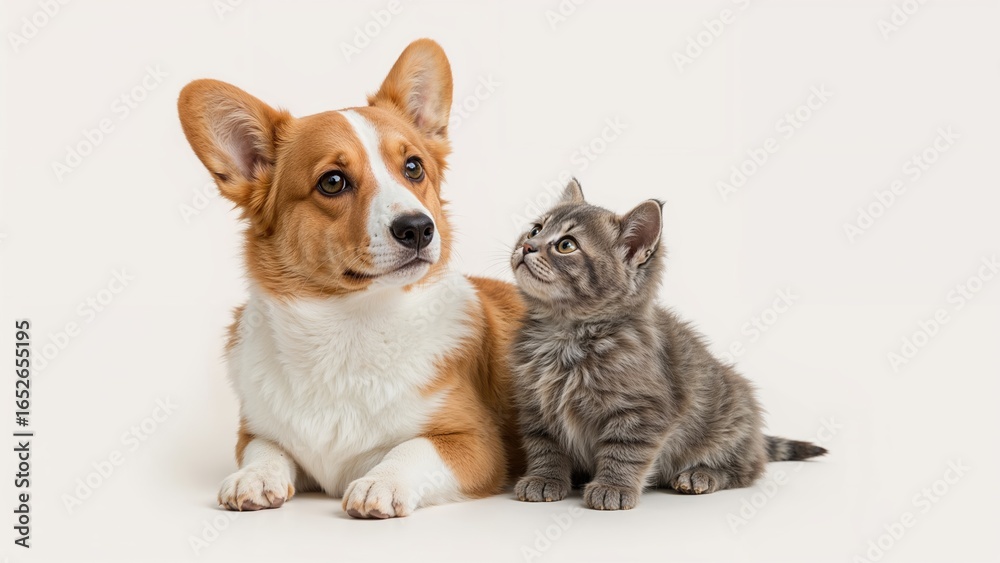 Obraz premium Adorable corgi and kitten duo posed on white surface