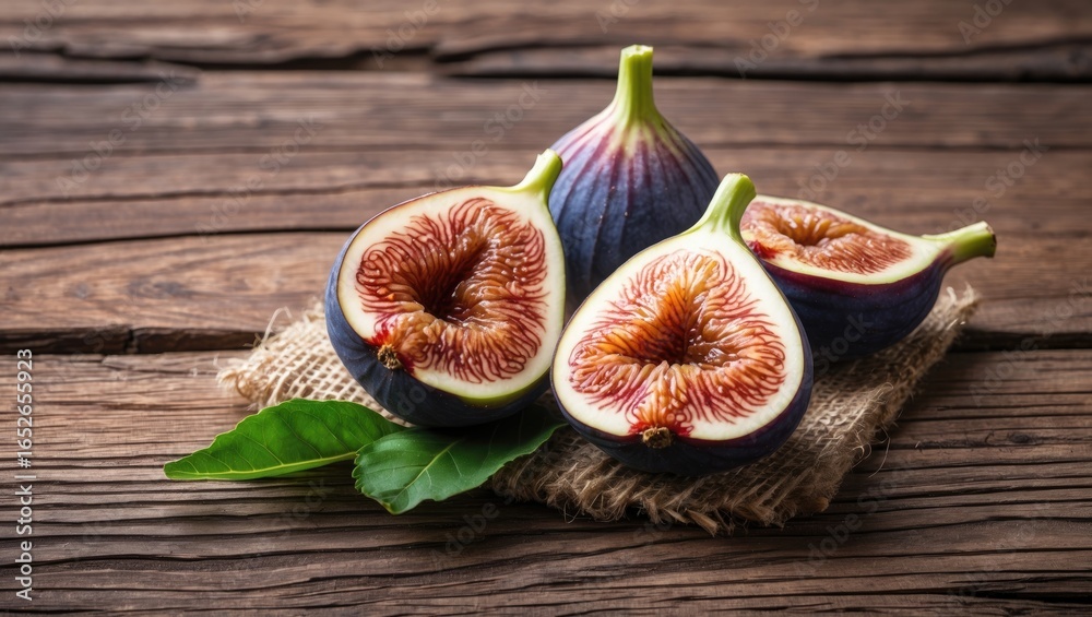 Close-up of juicy figs arranged on a wooden board Close-up of juicy figs arranged on a wooden board