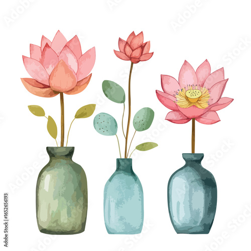 Three watercolor lotus flowers in vases with varied petal shapes and leaf arrangements