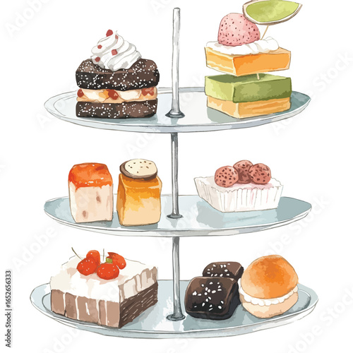 ThreeTiered Tray Displaying Assorted Watercolor Desserts and Pastries