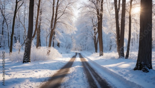 Fototapeta Naklejka Na Ścianę i Meble -  Exploring a frost-covered forest during a clear winter day