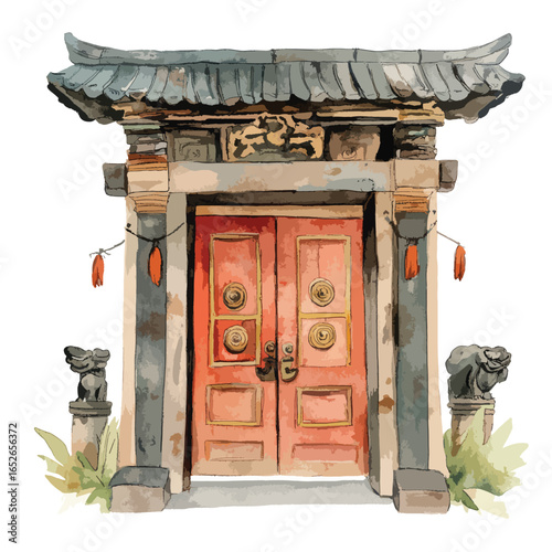 Traditional Asian Gate with Red Doors Tiled Roof and Guardian Statues Watercolor Illustration