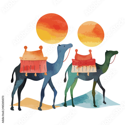 Two Colorful Camels on a Desert Journey Under a Vivid Sun