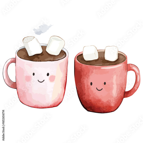 Two Cute Watercolor Cocoa Mugs with Marshmallows and Smiling Faces