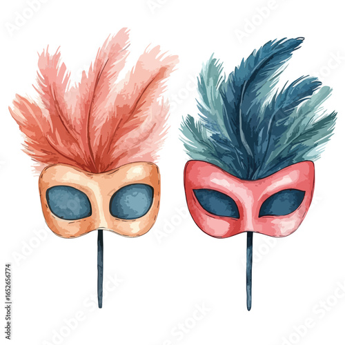 Two Elegant Carnival Masks with Feathers One Peach and One Blue