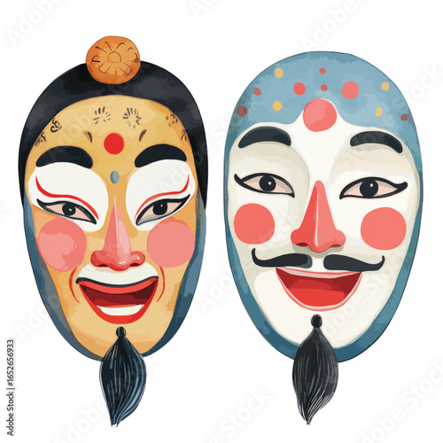 Two Joyful Asian Theatrical Masks with Unique Designs