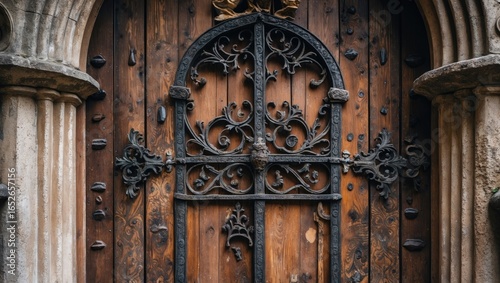 Decorative vintage wooden door of a church with detailed ornamentation