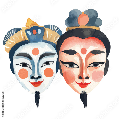 Two stylized Asian faces with traditional makeup and headdresses watercolor style