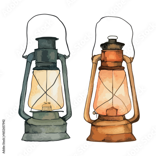 Two vintage kerosene lanterns one grayblue and one orangebrown with wire handles