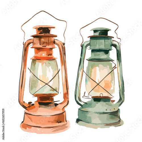 Two Vintage Watercolor Lanterns in Warm Hues