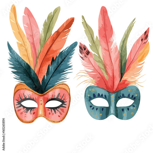 Two Watercolor Carnival Masks Adorned with Vibrant Feathers
