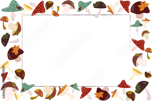 Rectangular horizontal frame of charming autumn mushrooms in assorted colors. Ideal for seasonal invitations, greeting cards, certificates, or nature-themed stationery.