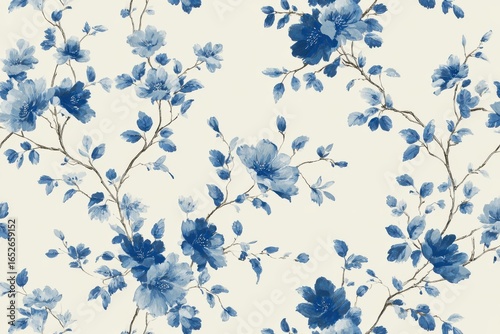 Elegant floral pattern in serene blue hues on a soft cream background, perfect for upscale decor and stylish stationery designs