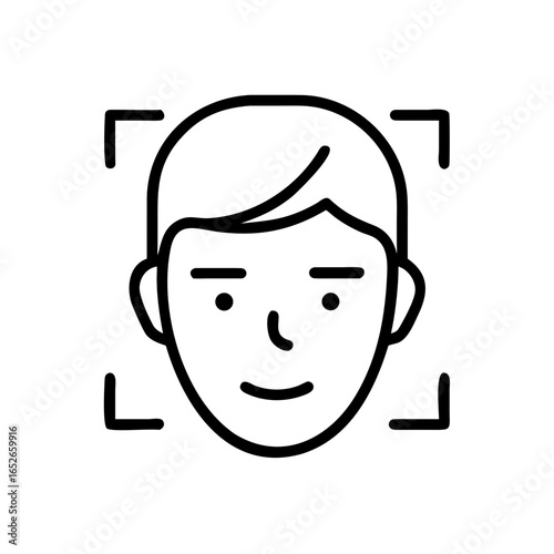 Man face with scanning frame for facial recognition system. Biometric security identification access. Modern technology concept. Black line vector icon