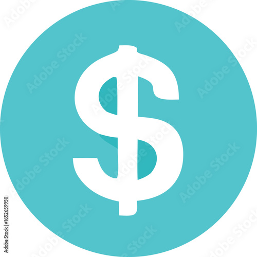 A bright white dollar sign symbol prominently displayed within a vibrant teal blue circular background representing finance and currency