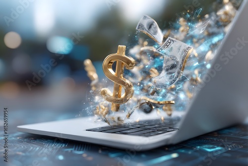 Digital money in the form of golden dollar symbols and paper currency flows from a laptop, showing online finance and electronic payments.