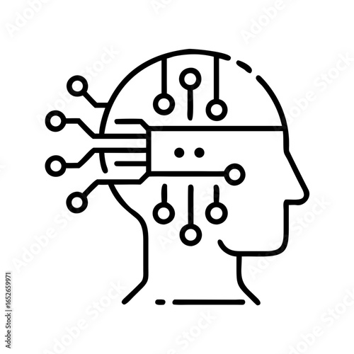 Stylized human head with circuit board inside, representing artificial intelligence and machine learning concept. Modern technology. Vector linear icon for app, website, print