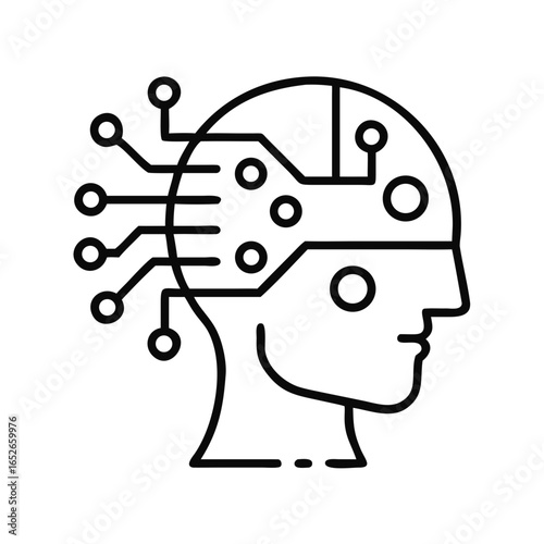Human head with circuit board inside depicting artificial intelligence and modern technology concept. Vector outline icon for app interface