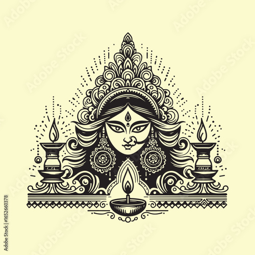 "Black and white Durga Puja banner vector with Goddess Durga face, decorative border, festival lamp, and festive typography for cultural posters and greeting cards."