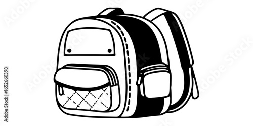 Illustration of a backpack with straps and pockets in black and white outline design style image