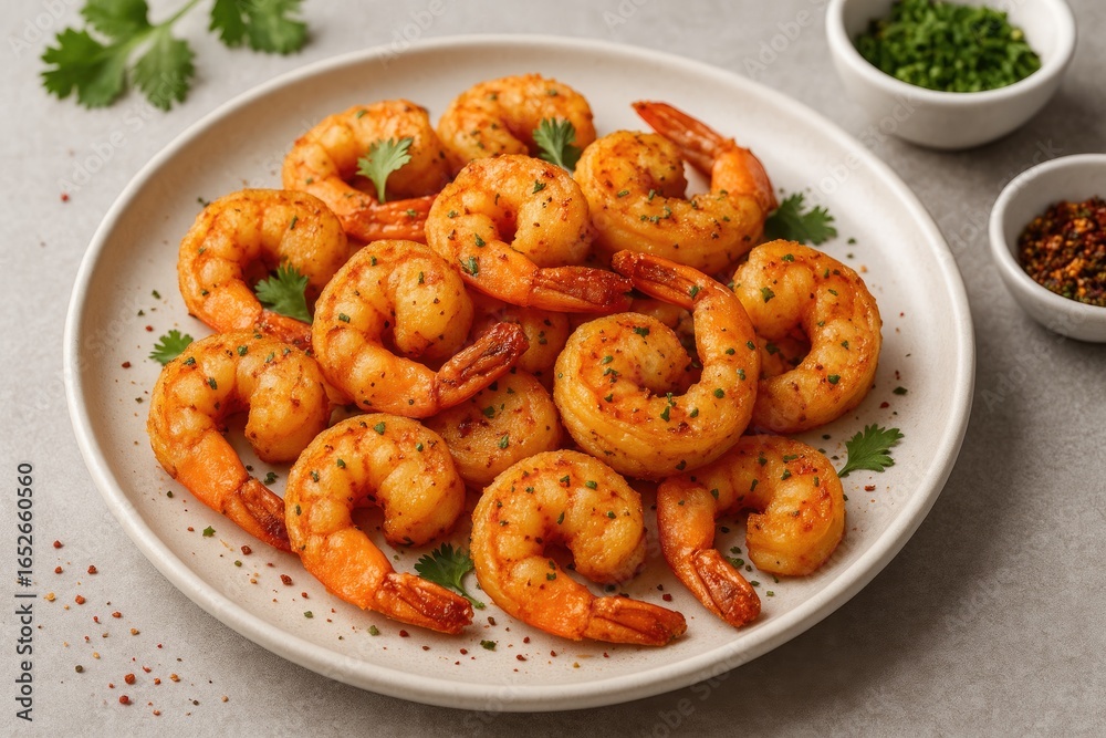 Crispy shrimp seasoned with bold spices, elevated presentation Crispy shrimp seasoned with bold spices, elevated presentation