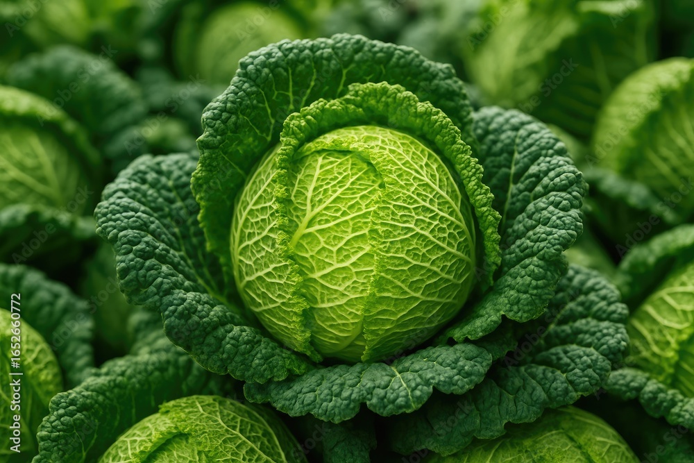 Fototapeta premium Market scene featuring fresh savoy cabbage in focus, background blurred