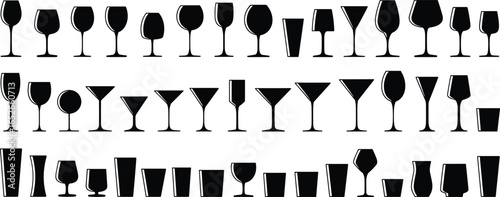 Wine glasses, cocktail glasses, champagne flutes, whiskey tumblers, barware collection, drinking cups, silhouette set, mixology tools, kitchen utensils, flat vector illustration