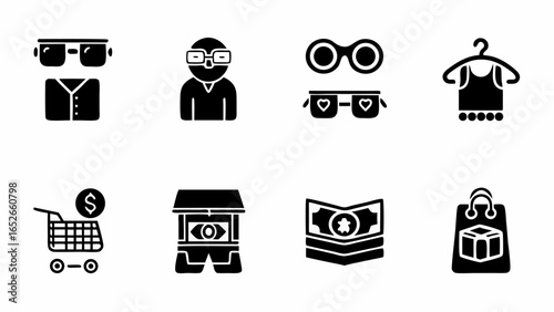 Collection of shopping related icons including clothing accessories and money in black color |  editable eps vectors silhouette