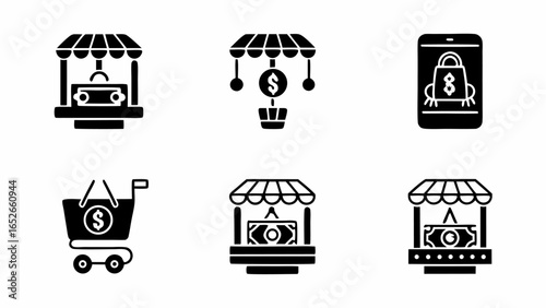 Illustration showcasing various shopping and marketplace concepts with money symbols and icons |  editable eps vectors silhouette