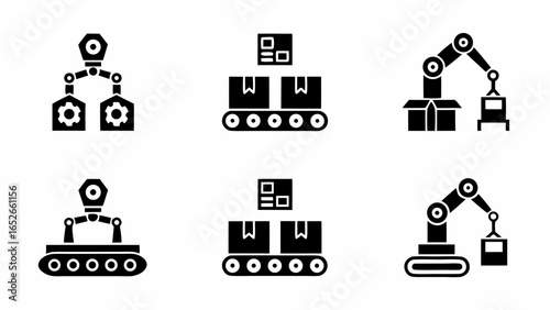 Six black and white icons depicting automated processes including robots and conveyor belts in a grid layout |  editable eps vectors silhouette