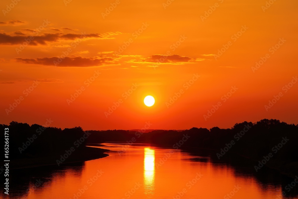 Fototapeta premium Vivid orange sunset illuminates a celestial river across the sky
