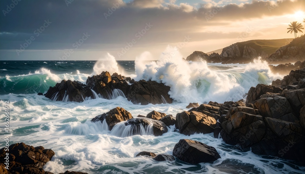 Fototapeta premium Dramatic ocean waves crashing against rocky shores under a golden sunset sky, evoking a sense of raw natural power and beauty