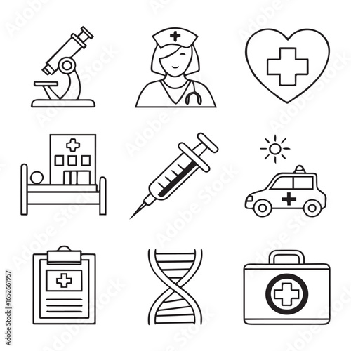 Medical vector icon set with black silhouettes and symbols for web and illustration design
