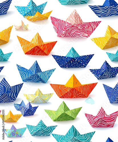 Colorful origami paper boats isolated on white background create a playful pattern