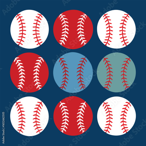 A vibrant illustration shows an isolated set of red leather baseball caps, balls, and other hardball game equipment