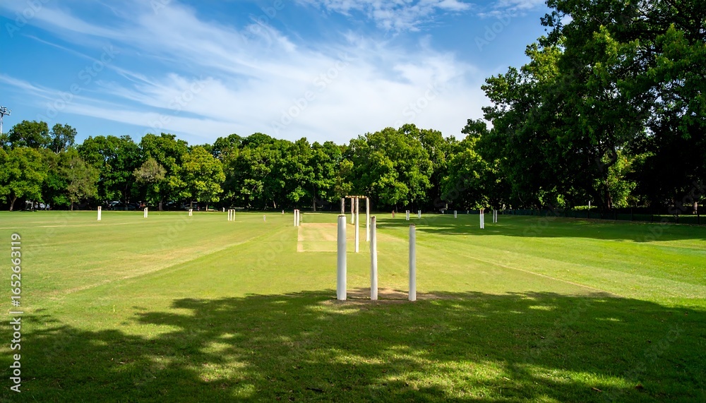 Fototapeta premium Sunny cricket pitch in park