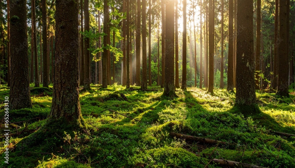 Obraz premium Sunbeams filtering through a lush green forest floor, casting long shadows on the mossy ground in a tranquil woodland setting
