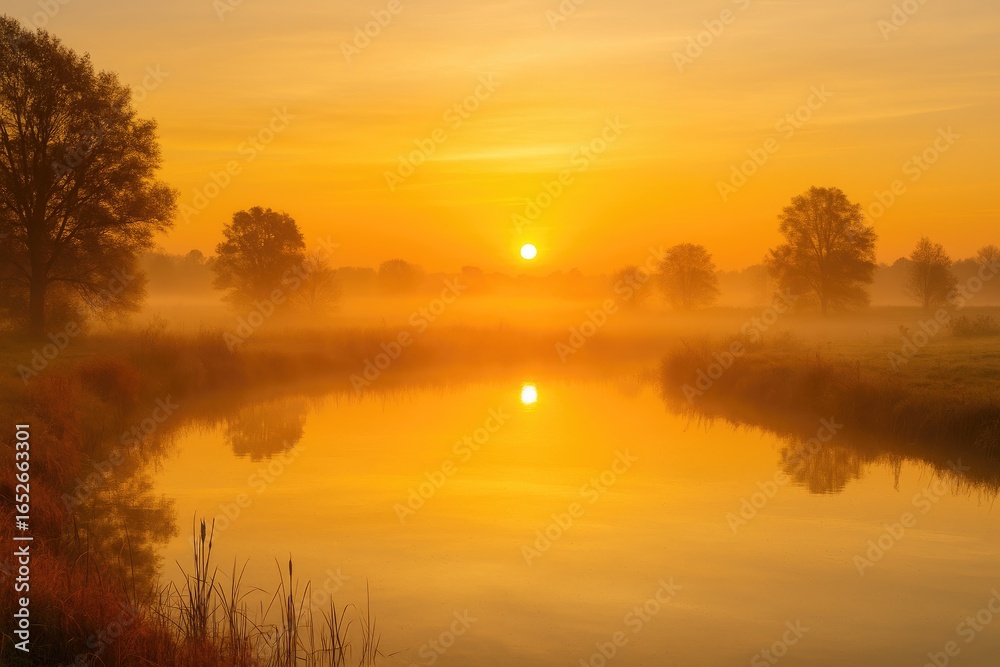 Fototapeta premium Morning light illuminates a fog-covered pond in the countryside
