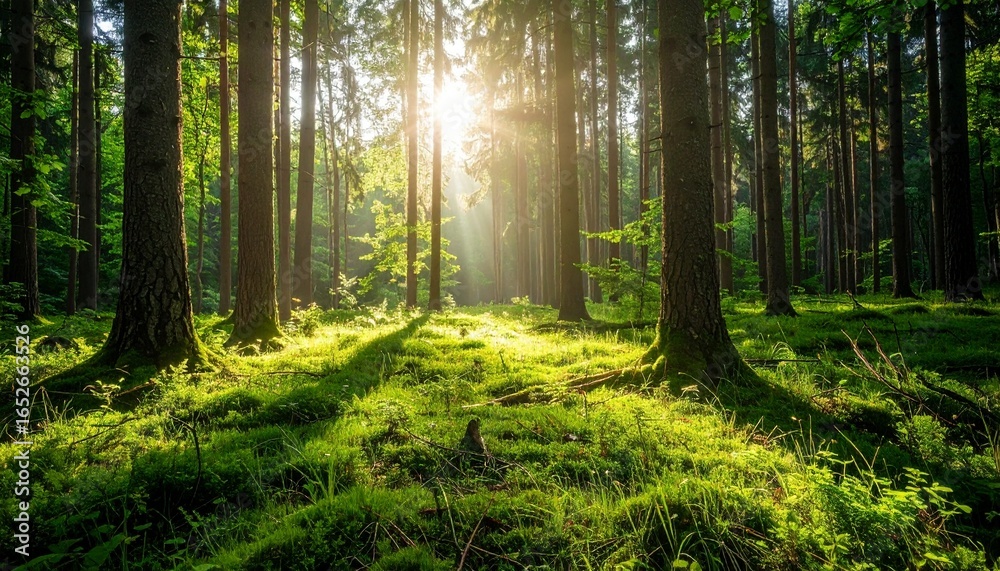 Obraz premium Golden sun rays pierce through the dense canopy of an ancient forest, bathing the lush, mossy floor in a vibrant, ethereal glow, evoking a feeling of tranquility and profound natural beauty